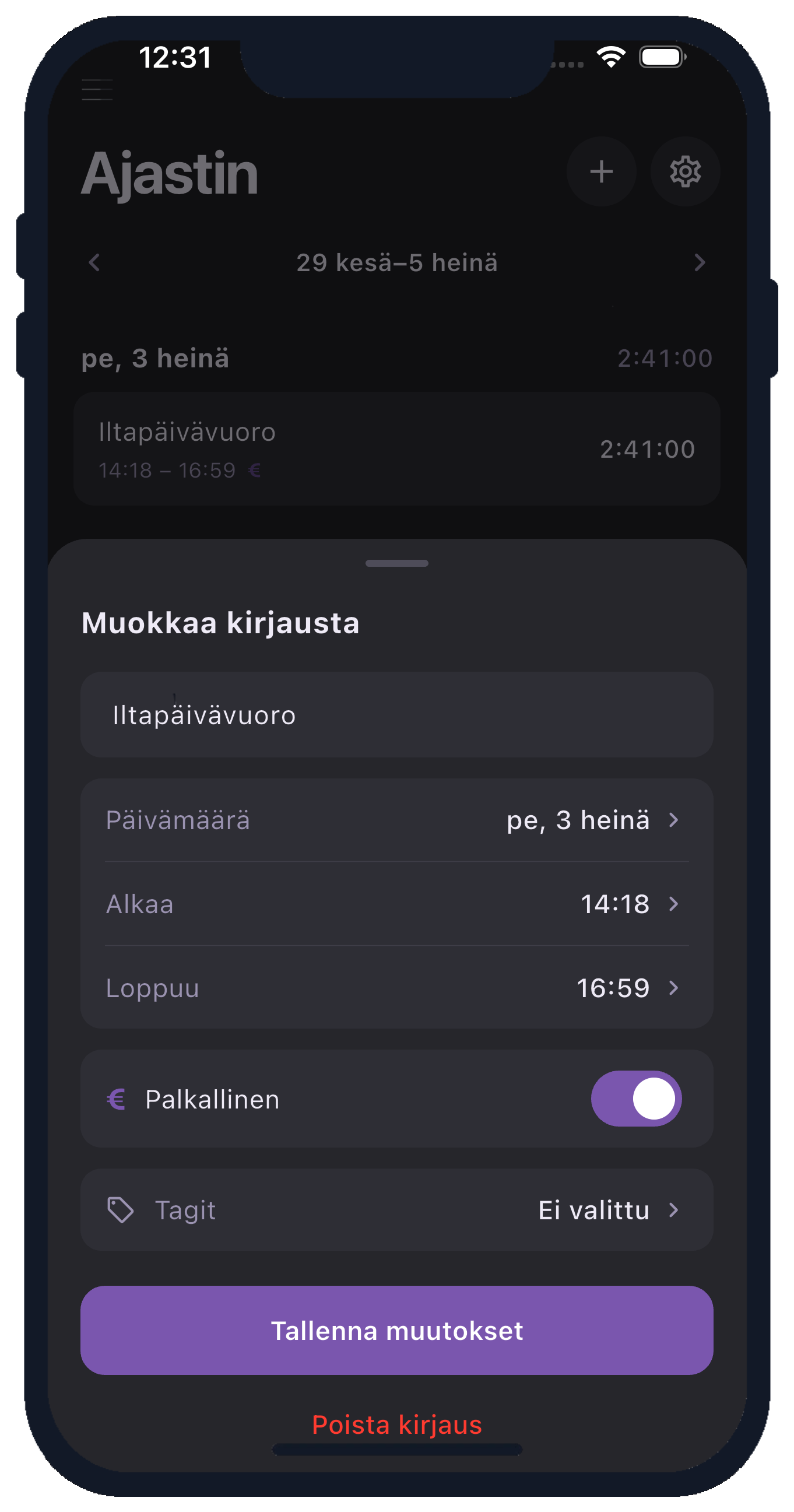 Kellota työajanseuranta-sovelluksen editori