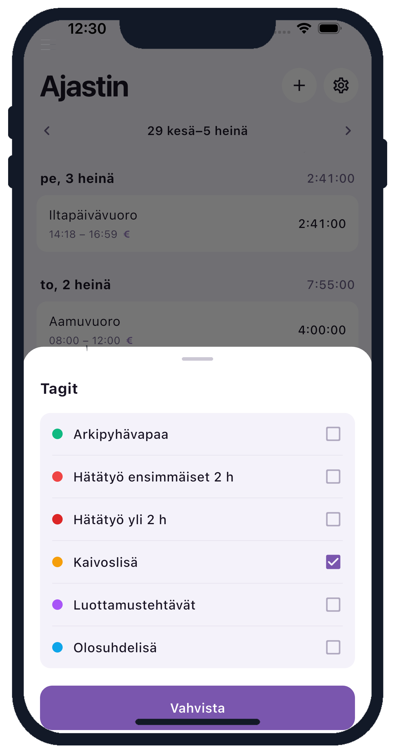 Kellota työajanseuranta-sovelluksen tagit